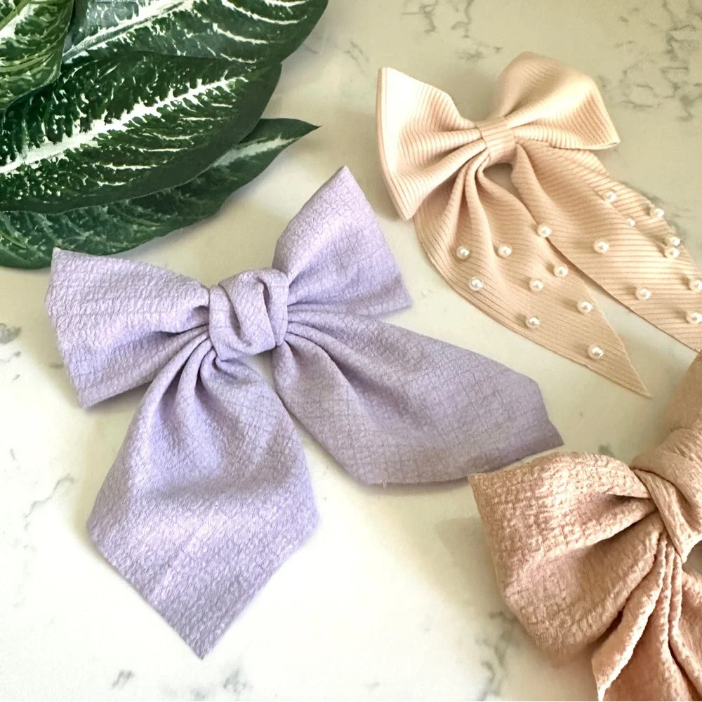 3/$22🩶 Blush Lilac Beige Faux Pearl Bow Barrette Hair Bow Accessories NEW